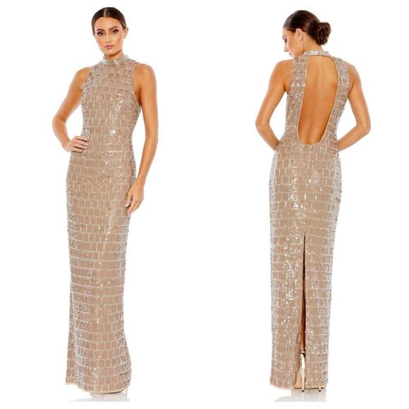 MAC DUGGAL Sequined High Neck Sleeveless Column Gown In Taupe Size 6 NWT - Picture 1 of 12